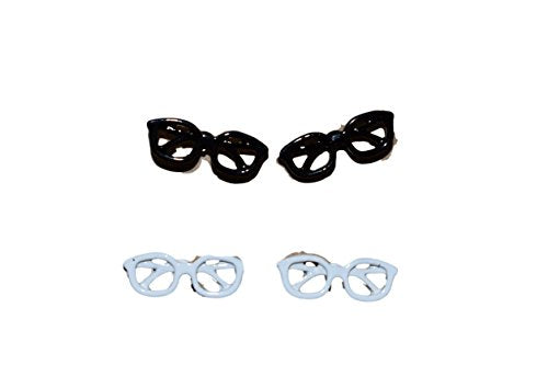 Wholesale lot: 6-8 pairs Fashion girls, womens, unisex rainbow striped round square moustache lips earrings, studs in box by Fat-catz-copy-catz (black/white glasses earrings)