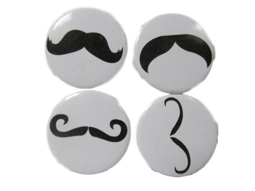 Set of 4 fashion novelty white/black moustache tache metal badge style fridge magnets 3cm diameter gift idea - by Fat-catz-copy-catz