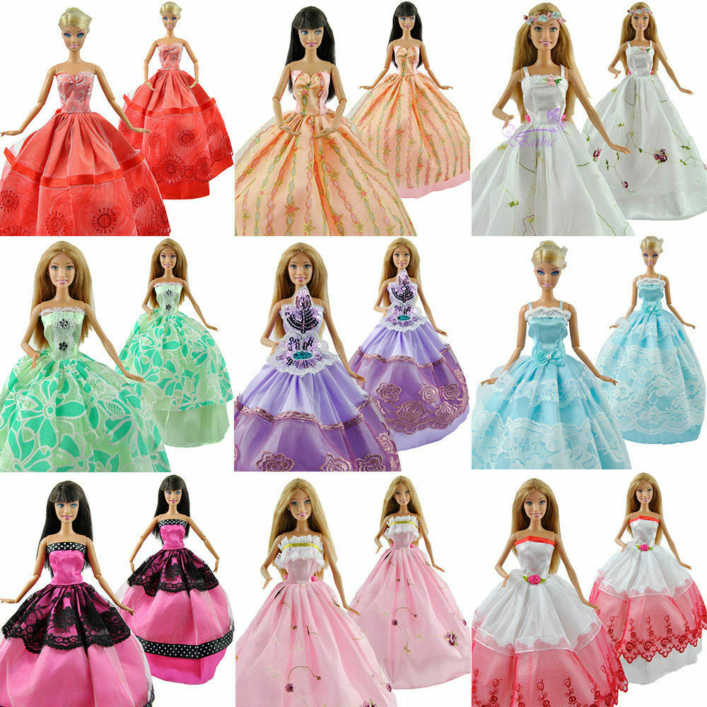 5x Handmade Ball Gowns Wedding Dresses & 10x Shoes Made for Barbie sized Dolls
