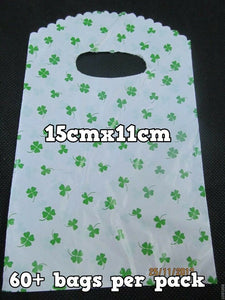 GREEN 4 LEAF CLOVER IRISH GOOD LUCK CARRIER BAGS 50-60 PER PACK 15cmx11cm UKSELL