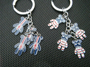 4 PIECE METAL CUTE TEDDY BEAR UK UNION JACK ENGLAND USA FLAG KEYRING CHARM GIFT