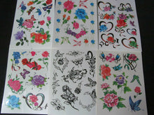 Load image into Gallery viewer, 5x SHEETS 13x19cm GIRLS TEMPORARY TATTOOS 10-20 ROSES HEARTS FLOWERS BUTTERFLIES
