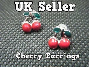 CUTE PAIR FUNKY KITSCH JUICY RED DOUBLE CHERRY PIERCED STUDDED EARRINGS UKSELLER