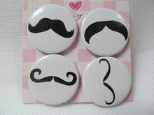 Load image into Gallery viewer, SET OF 4 BADGE STYLE NOVELTY MOUSTACHE FRIDGE MAGNETS 3cm GIFT IDEA UK SELLER
