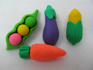 4 X NOVELTY KAWAII JAPANESE STYLE VEGETABLES CARROT CORN AUBERGINE PEAS ERASERS