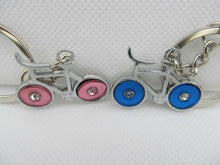 Load image into Gallery viewer, 2 LOVERS DIAMONTE BICYCLES BLUE &amp; PINK WHEELS  METALLIC KEYRING GIFT UK SELLER
