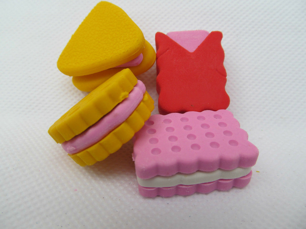4 x NOVELTY BISCUIT CAKE JAPANESE STYLE RUBBERS ERASERS PARTY BAG GIFT UKSELLER