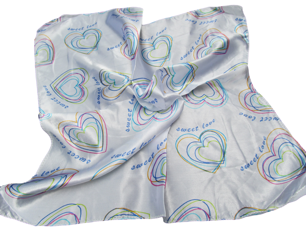 WHITE HEARTS LOVE DESIGN SILK SATIN FEEL LADIES SMALL NECK 50cm SQUARE SCARF UK