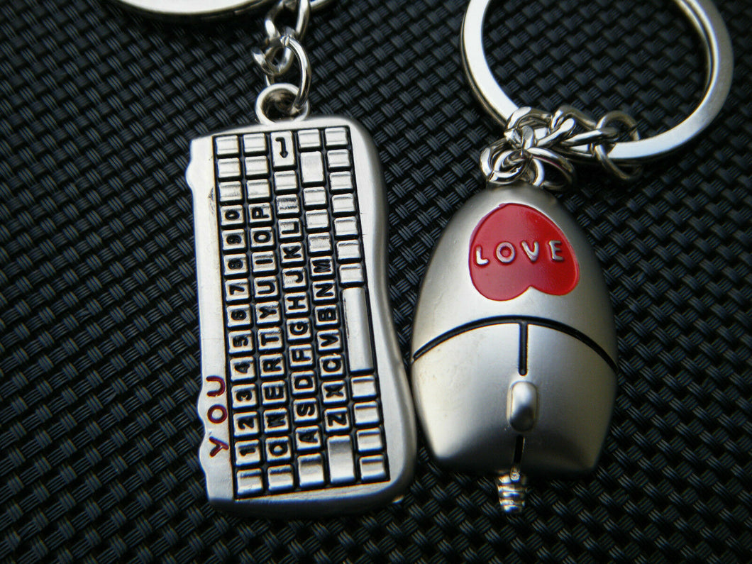 CUTE COMPUTER KEYBOARD & MOUSE LOVERS COUPLES TWIN KEYRINGS GIFT IDEA UK SELLER