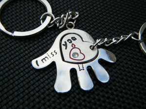 LOVERS I LOVE YOU SET OF 2 KEYRINGS JIGSAW MALE FEMALE HAND PALM HEART MISS YOU