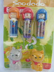 SET 5 NOVELTY PUZZLE KOKESHI DOLLS & CHINESE CATS JAPANESE STYLE RUBBERS ERASERS