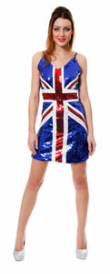 BLUE UNION JACK ENGLAND BLING SEQUINNED LADIES FANCY DRESS COSTUME SIZE 8-12 UK