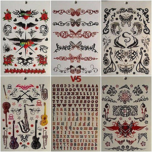 6 SHEETS GIRLS TEMPORARY TATTOOS SKULLS WORDS HEARTS LETTERS FLOWERS UK SELLER