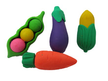 Load image into Gallery viewer, 4 X NOVELTY KAWAII JAPANESE STYLE VEGETABLES CARROT CORN AUBERGINE PEAS ERASERS

