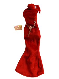1x DOLL SIZED RED VELVET PARTY DRESS HOLLYWOOD STYLE OFF THE SHOULDER UK SELLER