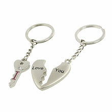 Load image into Gallery viewer, LOVERS COUPLES I LOVE YOU SET OF TWIN KEYRINGS HEART AND KEY JIGSAW GIFT IDEA UK
