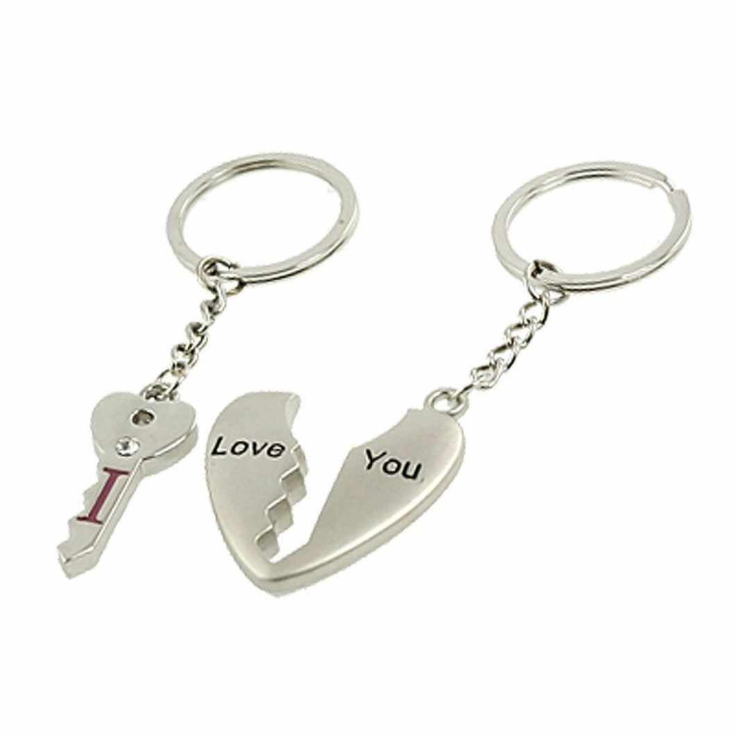LOVERS COUPLES I LOVE YOU SET OF TWIN KEYRINGS HEART AND KEY JIGSAW GIFT IDEA UK