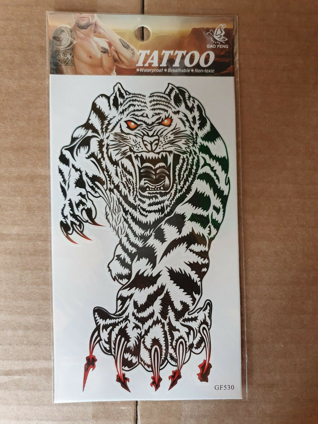 LARGE SHEET MEN'S TEMPORARY TATTOOS TIGERS BLACK SKETCH DESIGN UKSELLER FREE P&P