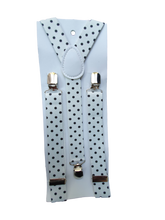 Load image into Gallery viewer, WHITE POLKA DOTS ADJUSTABLE UNISEX TROUSER BRACES SUSPENDERS FANCY DRESS CLIP ON
