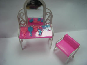 Fashion Pink Bed Dressing Table & Chair Set For 12" Dolls Bedroom Furniture