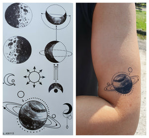 One Sheet Realistic Black Planet Earth Saturn Moon Kids Adults Temporary Tattoos