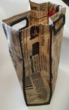 Load image into Gallery viewer, BROWN NEWSPAPER PRINT WATERPROOF SILKY CLOTH SHOPPER LADIES TOTE BAG UK DISPATCH
