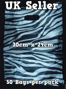 45+ QUALITY MEDIUM SILVER ZEBRA ANIMAL PRINT CARRIER BAGS 30cm x 24cm UK SELLER