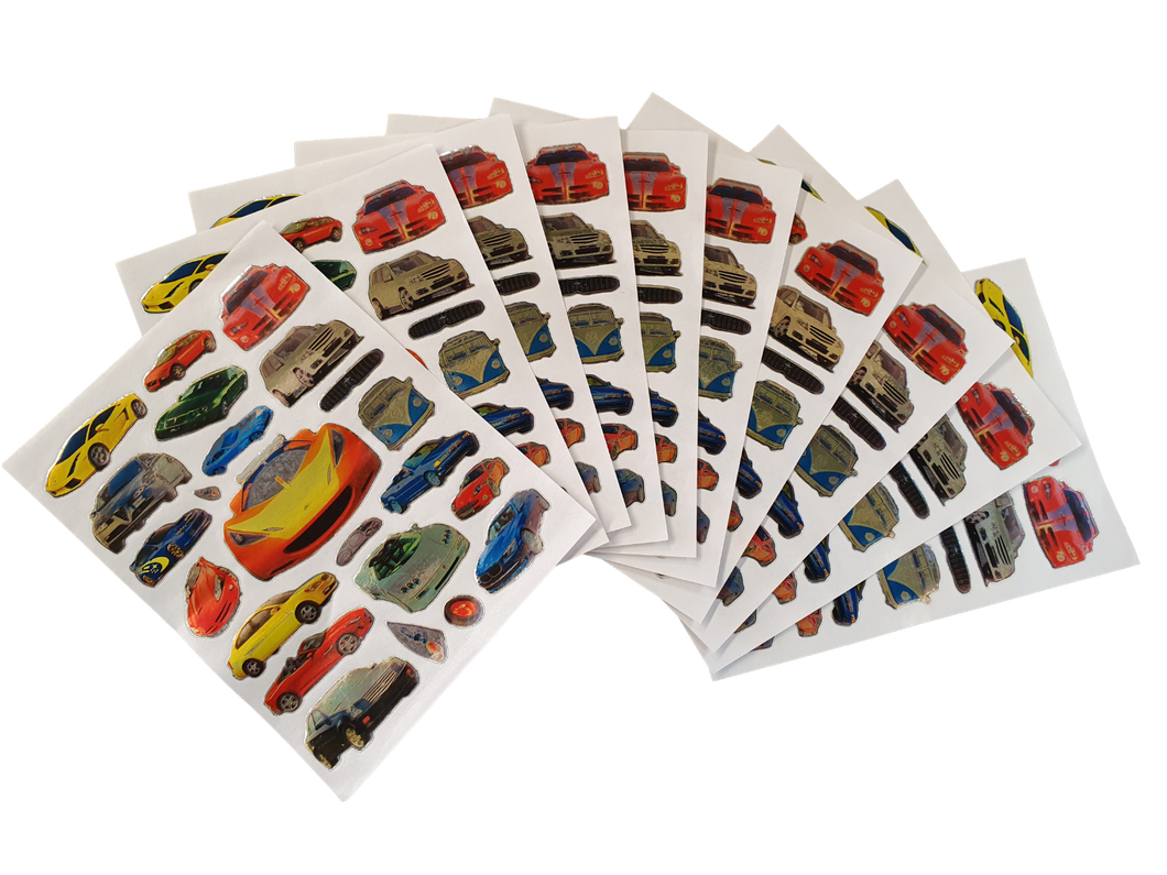 10 SHEETS METALIC SPORTS CARS REWARD SCRAP BOOK STICKERS 100+ PER PACK UK SELLER