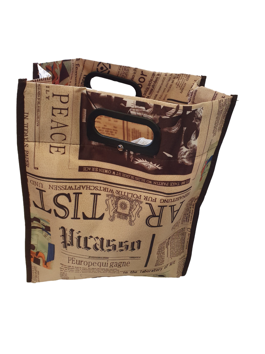 BROWN NEWSPAPER PRINT WATERPROOF SILKY CLOTH SHOPPER LADIES TOTE BAG UK DISPATCH