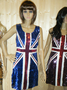 BLUE UNION JACK ENGLAND BLING SEQUINNED LADIES FANCY DRESS COSTUME SIZE 8-12 UK
