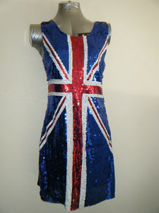 BLUE UNION JACK ENGLAND BLING SEQUINNED LADIES FANCY DRESS COSTUME SIZE 8-12 UK