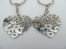 Load image into Gallery viewer, SET OF 2 LOVERS COUPLES DIAMONTE HEART SOLID METAL KEYRING GIFT CHARM UK SELLER
