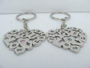 SET OF 2 LOVERS COUPLES DIAMONTE HEART SOLID METAL KEYRING GIFT CHARM UK SELLER