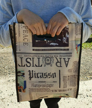 Load image into Gallery viewer, BROWN NEWSPAPER PRINT WATERPROOF SILKY CLOTH SHOPPER LADIES TOTE BAG UK DISPATCH
