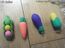 Load image into Gallery viewer, 4 X NOVELTY KAWAII JAPANESE STYLE VEGETABLES CARROT CORN AUBERGINE PEAS ERASERS
