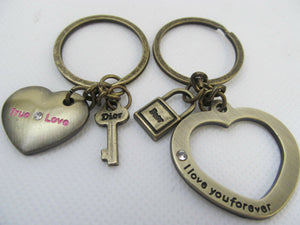 LOVERS COUPLES 2 PCS HEART LOCK & KEY WITH INSCRIPTION BRONZE KEYRING UK SELLER