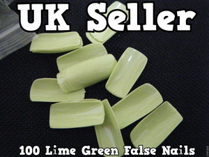 100 x LIME GREEN FALSE FAKE ACRYLIC FULL FRENCH NAILS TIPS ART MAKE UP UK SELLER