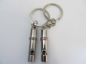 SET OF 2 LOVERS COUPLES SILVER METAL WHISTLES KEYRING GIFT UK SELLER FREE P&P