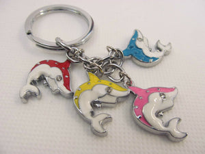 CUTE DIAMONTE MULTI COLOURED DOLPHINS FISH ENAMEL METAL KEYRING CHARM UK SELLER