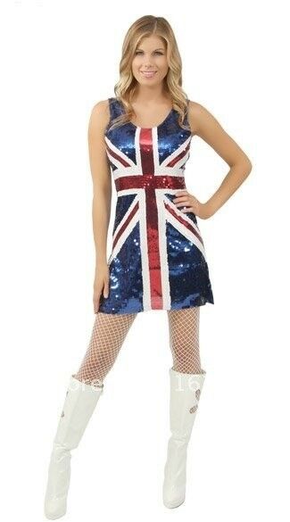BLUE UNION JACK ENGLAND BLING SEQUINNED LADIES FANCY DRESS COSTUME SIZE 8-12 UK