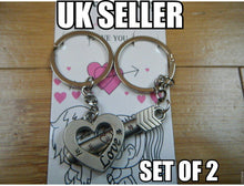 Load image into Gallery viewer, LOVERS SET OF 2 KEYRINGS MALE &amp; FEMALE I LOVE YOU HEART AND ARROW CHINESE SYMBOL
