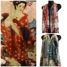 Load image into Gallery viewer, JAPANESE GEISHA PRINT CHIFFON FEEL FASHION LADIES SCARF SHAWL SARONG 155cmx50cm
