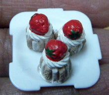 Load image into Gallery viewer, DOLLS HOUSE MINIATURE FOOD GATEAUX 3 x SMALL STRAWBERRY CAKES &amp; PLATE 1/12 SCALE
