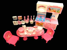 Load image into Gallery viewer, DOLL SIZED KITCHEN PLAYSET OVEN TABLE CHAIRS POTS, PANS &amp; TEA SET UK SELLER
