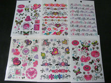 Load image into Gallery viewer, 6 SHEETS GIRLS TEMPORARY TATTOOS SKULLS WORDS HEARTS LETTERS FLOWERS UK SELLER
