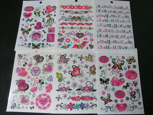 6 SHEETS GIRLS TEMPORARY TATTOOS SKULLS WORDS HEARTS LETTERS FLOWERS UK SELLER