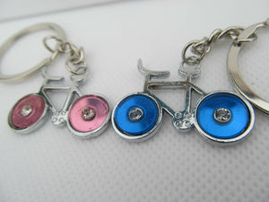 2 LOVERS DIAMONTE BICYCLES BLUE & PINK WHEELS  METALLIC KEYRING GIFT UK SELLER