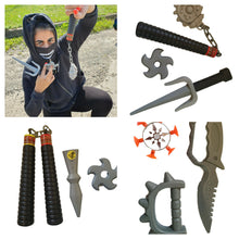 Load image into Gallery viewer, 2x Sets of Boys Kids Plastic Ninja weapons toys shuriken, nunchucks, sword sets
