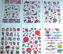 Load image into Gallery viewer, 6 SHEETS GIRLS TEMPORARY TATTOOS SKULLS WORDS HEARTS LETTERS FLOWERS UK SELLER
