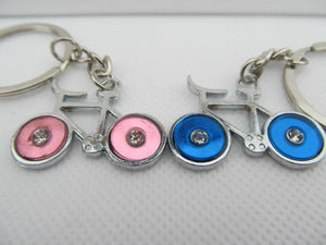 2 LOVERS DIAMONTE BICYCLES BLUE & PINK WHEELS  METALLIC KEYRING GIFT UK SELLER